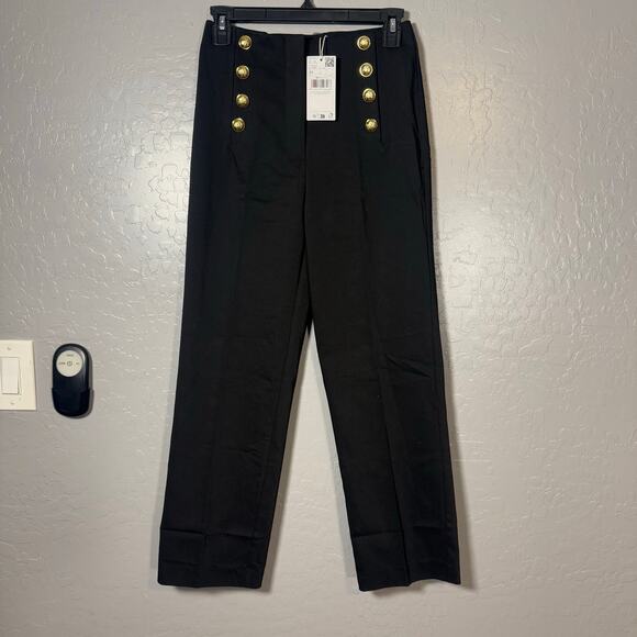 Mango Pants - Mango Straight Cropped Trousers with Jewel Buttons, Black, 2